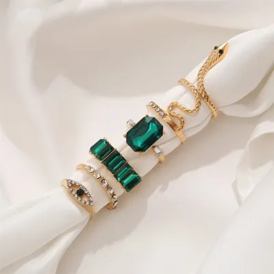 Green Geometric Crystal Snake Ring Set (6 pcs)